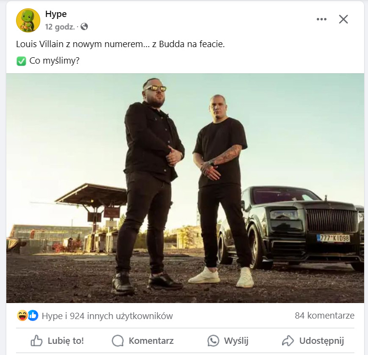 Screenshot posta Hype o współpracy Buddy i Louisa Villaina.